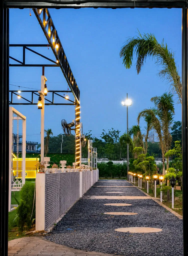 Aesthetic evening pathway view with palm trees